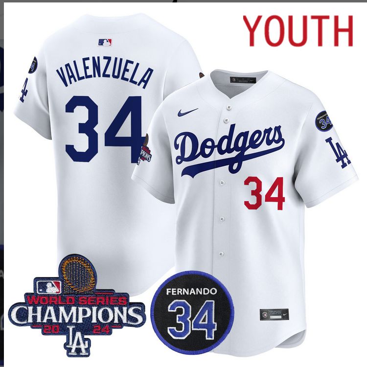 Youth MLB Los Angeles Dodgers 34 Valenzuela white 2024 World Series Champions Patch Limited Jersey